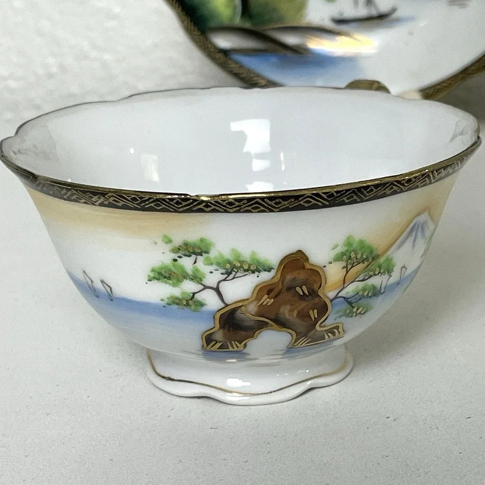 Vintage 1950s Japan Hand Painted Porcelain Teacup Saucer Japanese Design 5 oz
